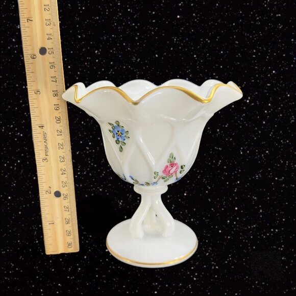 Westmoreland Compote Flower Hand Painted Compote Dish Gold Ruffled Top Glass VTG - Picture 6 of 10